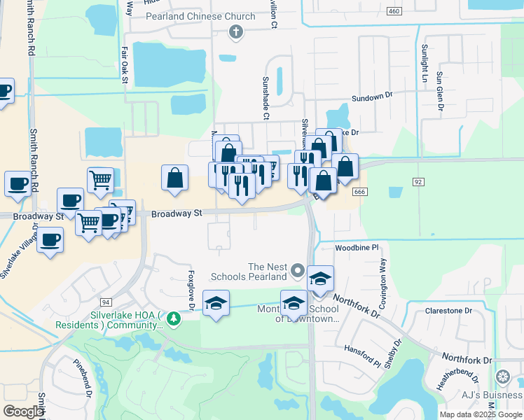 map of restaurants, bars, coffee shops, grocery stores, and more near 9720 Broadway Fm 518 in Pearland