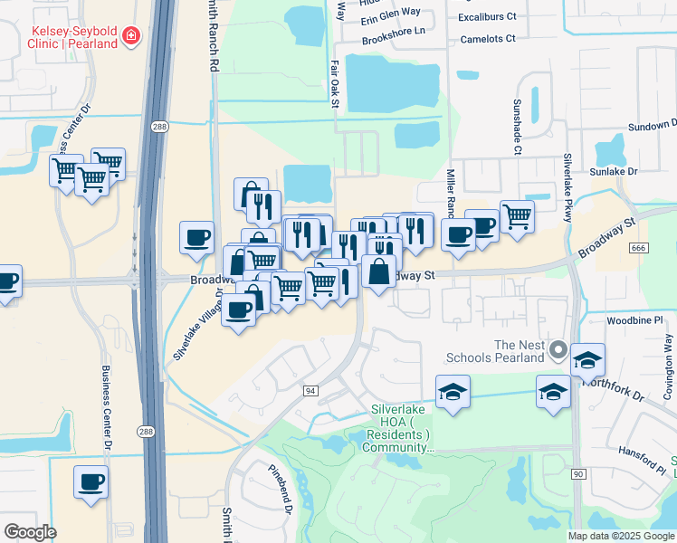 map of restaurants, bars, coffee shops, grocery stores, and more near 2927 Wooten Road in Pearland