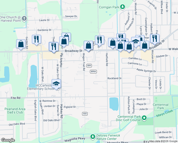 map of restaurants, bars, coffee shops, grocery stores, and more near 5814 Ochoa Road in Pearland