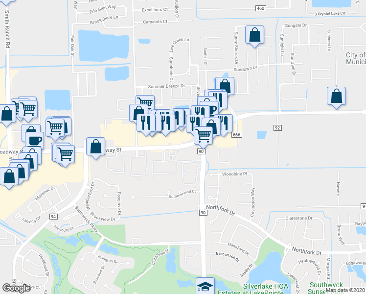 map of restaurants, bars, coffee shops, grocery stores, and more near 9630 Broadway Street in Pearland