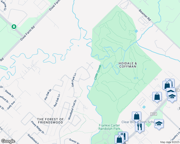 map of restaurants, bars, coffee shops, grocery stores, and more near 804 Shady Bend Lane in Friendswood