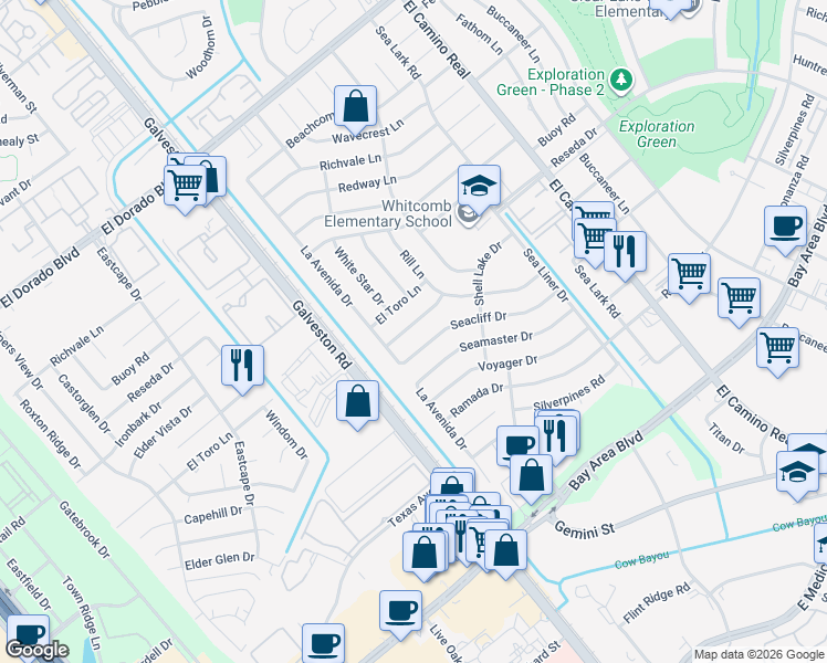 map of restaurants, bars, coffee shops, grocery stores, and more near 727 Seacliff Drive in Houston