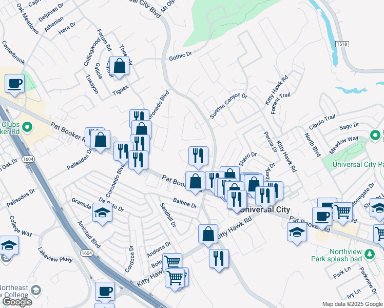 map of restaurants, bars, coffee shops, grocery stores, and more near 2125 Universal City Boulevard in Universal City