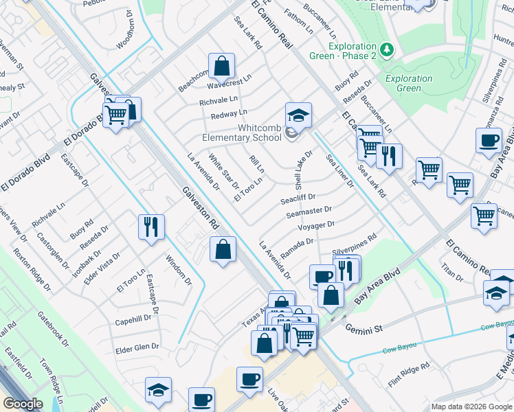 map of restaurants, bars, coffee shops, grocery stores, and more near 727 Seacliff Drive in Houston
