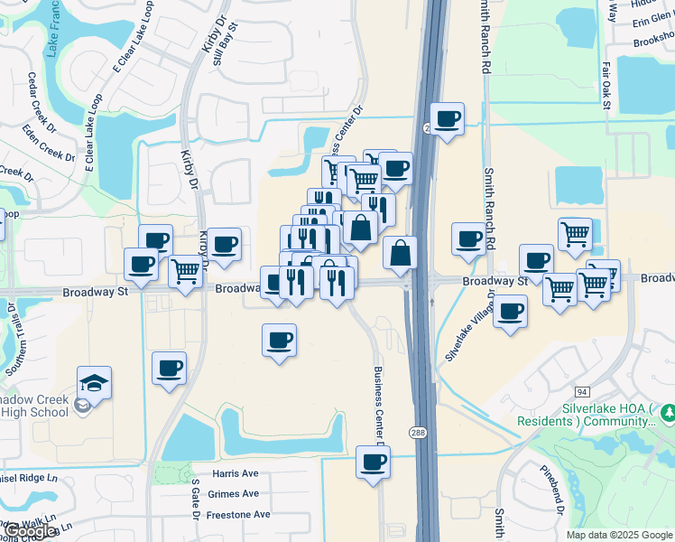 map of restaurants, bars, coffee shops, grocery stores, and more near 11091 Broadway street in Pearland