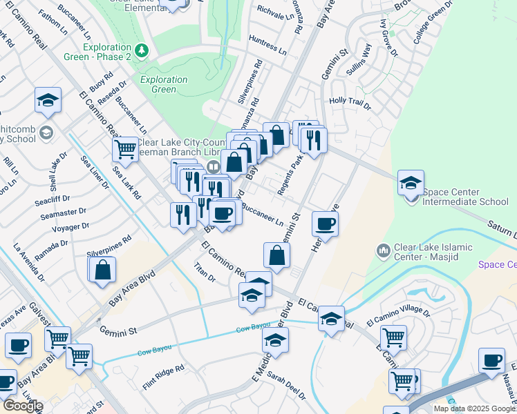 map of restaurants, bars, coffee shops, grocery stores, and more near 16821 Buccaneer Lane in Houston