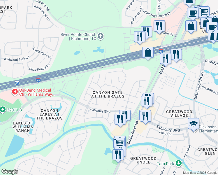 map of restaurants, bars, coffee shops, grocery stores, and more near in Fort Bend County