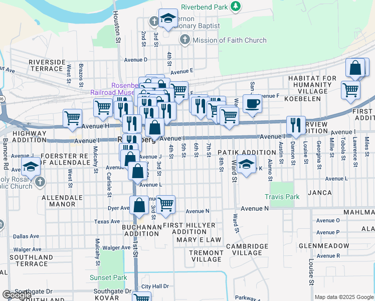 map of restaurants, bars, coffee shops, grocery stores, and more near 1200 6th Street in Rosenberg
