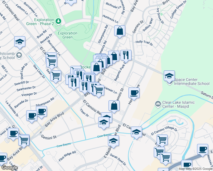 map of restaurants, bars, coffee shops, grocery stores, and more near 16821 Buccaneer Lane in Houston