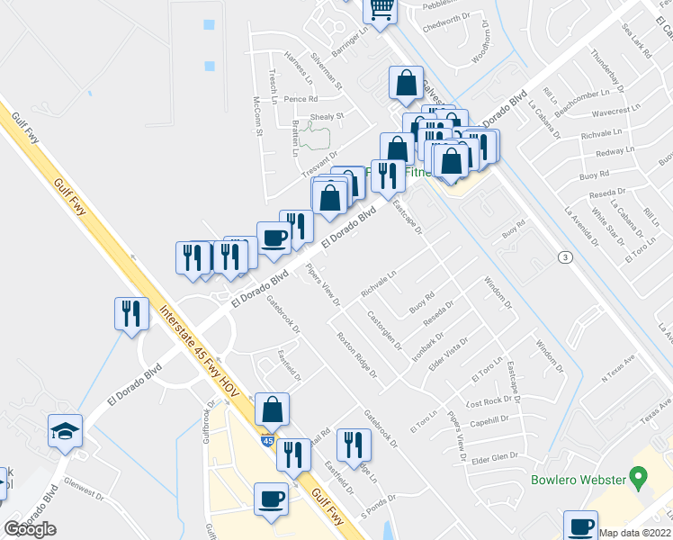map of restaurants, bars, coffee shops, grocery stores, and more near 250 El Dorado Boulevard in Webster