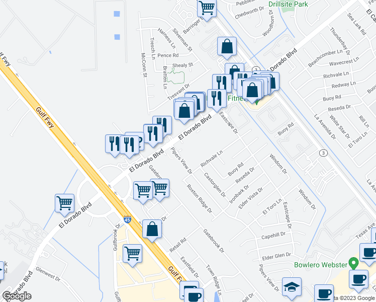 map of restaurants, bars, coffee shops, grocery stores, and more near 250 El Dorado Boulevard in Webster