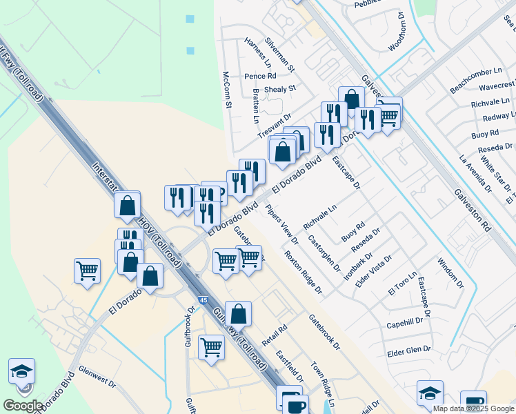 map of restaurants, bars, coffee shops, grocery stores, and more near 240 El Dorado Boulevard in Webster