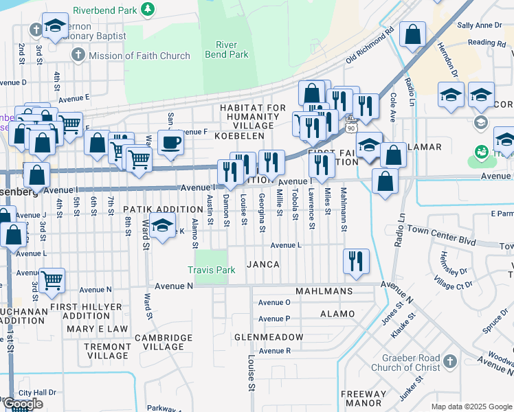map of restaurants, bars, coffee shops, grocery stores, and more near 1200 Georgina Street in Rosenberg