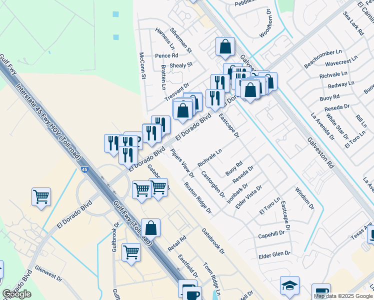 map of restaurants, bars, coffee shops, grocery stores, and more near 250 El Dorado Boulevard in Webster