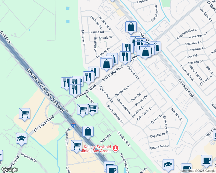 map of restaurants, bars, coffee shops, grocery stores, and more near 250 El Dorado Boulevard in Webster
