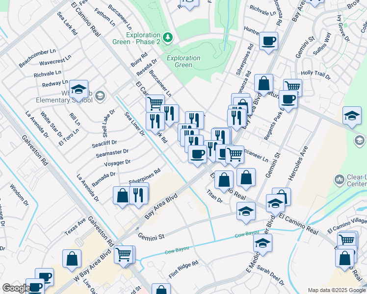map of restaurants, bars, coffee shops, grocery stores, and more near 16615 Sea Lark Rd in Houston