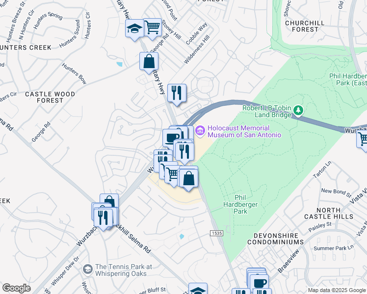 map of restaurants, bars, coffee shops, grocery stores, and more near 12003 Northwest Military Highway in San Antonio