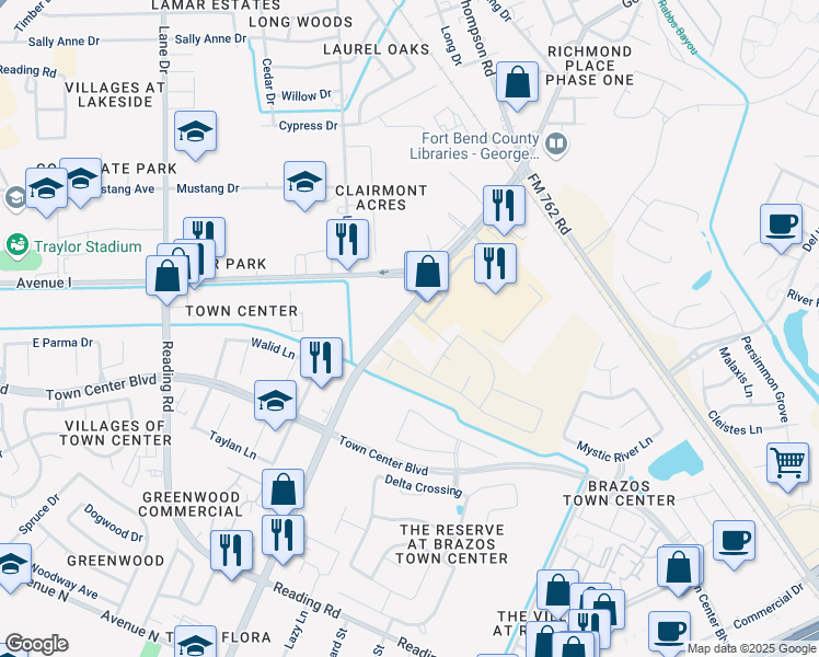 map of restaurants, bars, coffee shops, grocery stores, and more near 1400 B F Terry Boulevard in Richmond