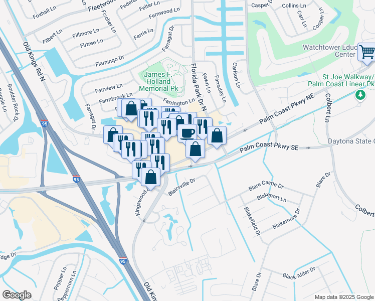 map of restaurants, bars, coffee shops, grocery stores, and more near 216 Palm Coast Parkway Northeast in Palm Coast