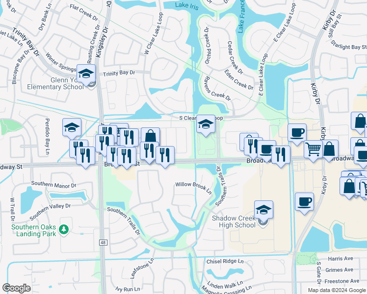 map of restaurants, bars, coffee shops, grocery stores, and more near 2920 Ashbrook Lane in Pearland
