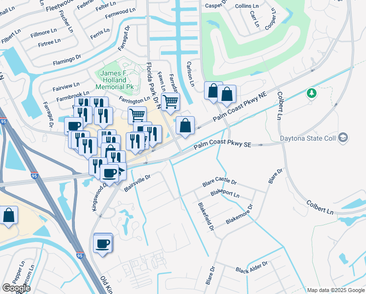 map of restaurants, bars, coffee shops, grocery stores, and more near 1 Florida Park Drive South in Palm Coast
