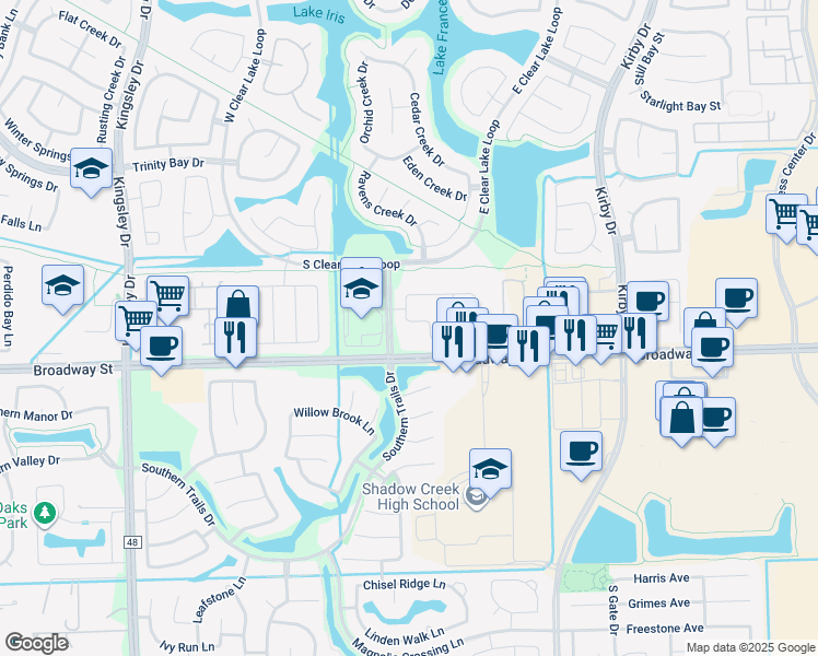 map of restaurants, bars, coffee shops, grocery stores, and more near 12010 Green Falls Drive in Pearland