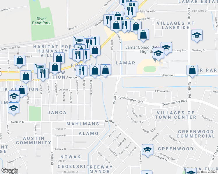 map of restaurants, bars, coffee shops, grocery stores, and more near 1136 Old Radio Lane in Rosenberg