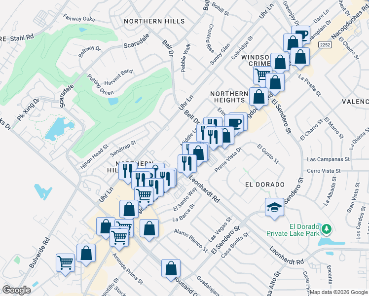 map of restaurants, bars, coffee shops, grocery stores, and more near 12610 Cisco Boulevard in San Antonio