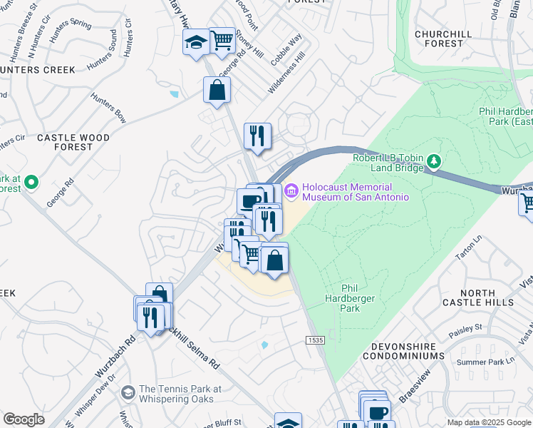 map of restaurants, bars, coffee shops, grocery stores, and more near 11503 Northwest Military Highway in San Antonio