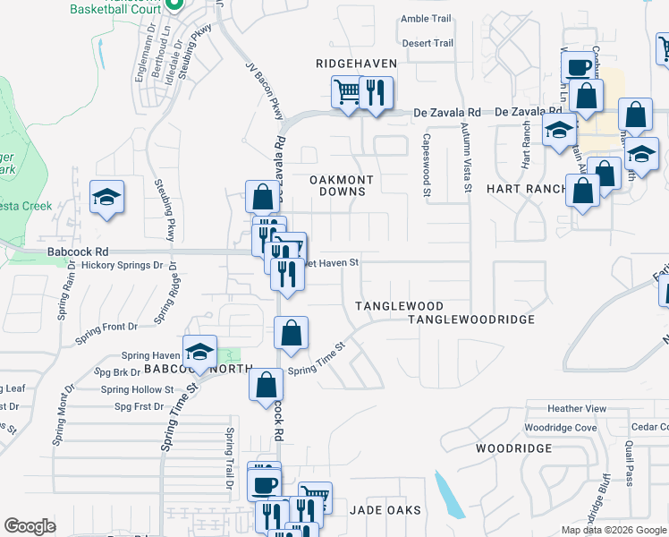 map of restaurants, bars, coffee shops, grocery stores, and more near 6319 Echo Canyon Street in San Antonio