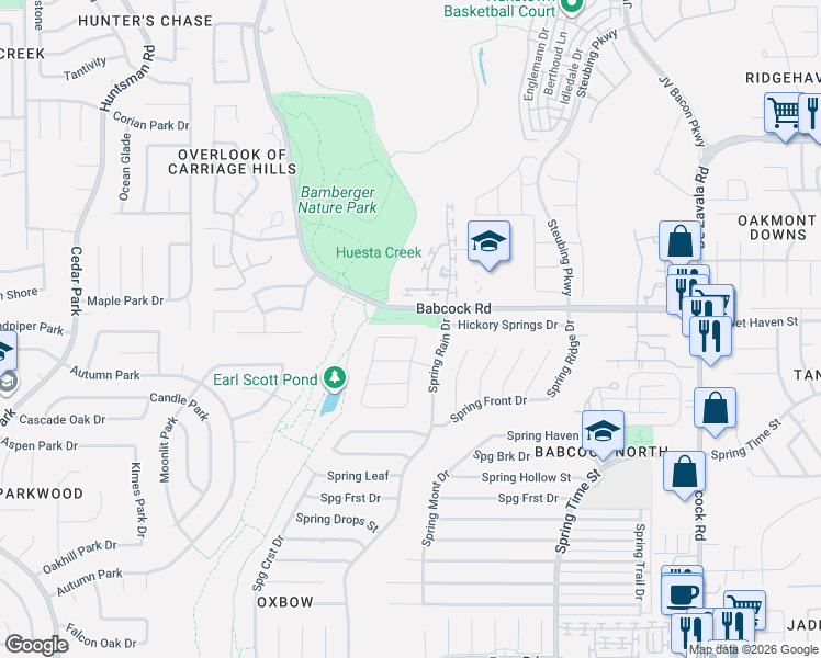 map of restaurants, bars, coffee shops, grocery stores, and more near 6830 Maple Spring in San Antonio
