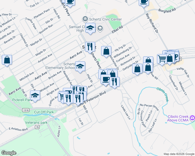 map of restaurants, bars, coffee shops, grocery stores, and more near 307 Pfeil Street in Schertz