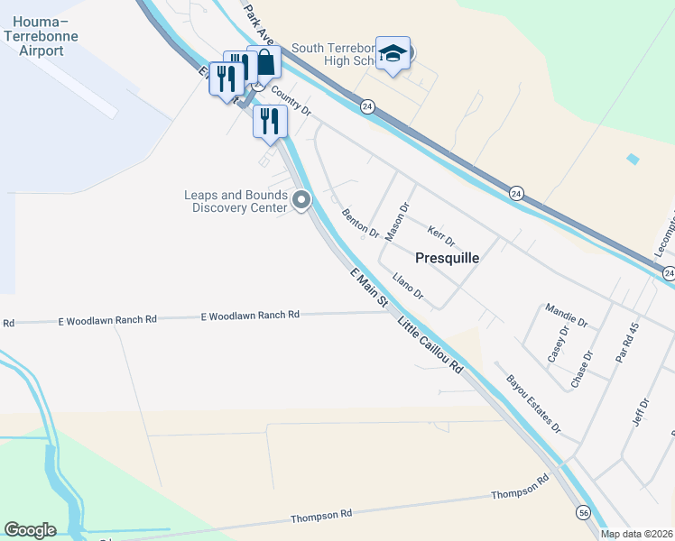 map of restaurants, bars, coffee shops, grocery stores, and more near 783 East Woodlawn Ranch Road in Houma