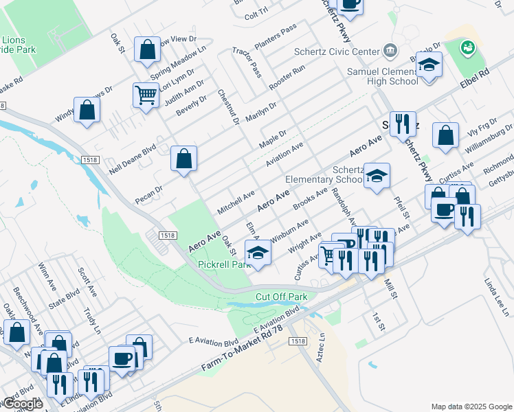 map of restaurants, bars, coffee shops, grocery stores, and more near 300 Aero Avenue in Schertz