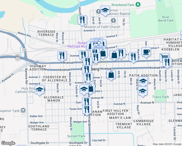 map of restaurants, bars, coffee shops, grocery stores, and more near 1808 Avenue J in Rosenberg