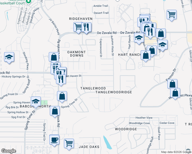 map of restaurants, bars, coffee shops, grocery stores, and more near 11930 Briarpath Street in San Antonio
