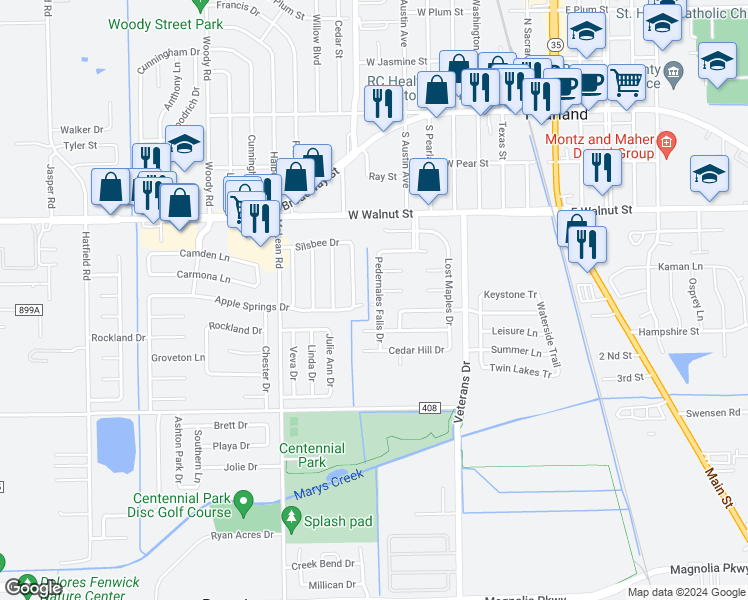 map of restaurants, bars, coffee shops, grocery stores, and more near 2724 Pedernales Falls Drive in Pearland