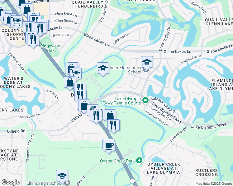 map of restaurants, bars, coffee shops, grocery stores, and more near 2438 Sailors Way in Missouri City