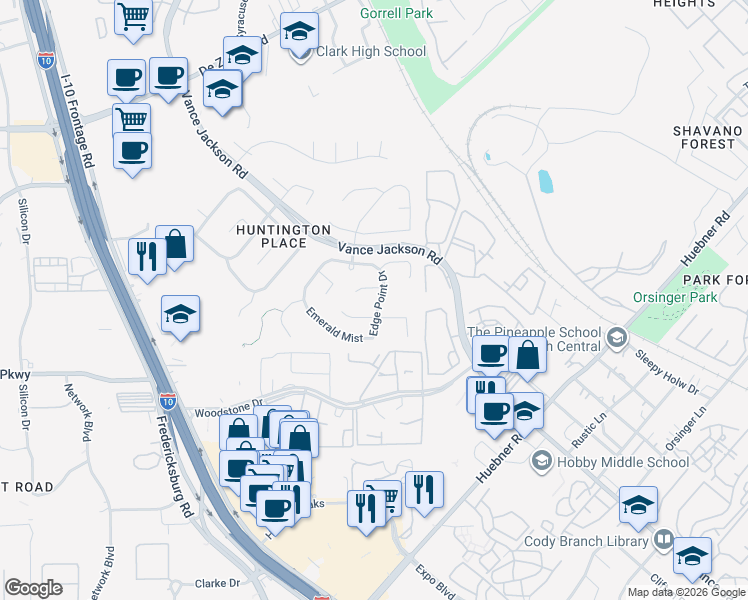 map of restaurants, bars, coffee shops, grocery stores, and more near 1915 Enero Park in San Antonio