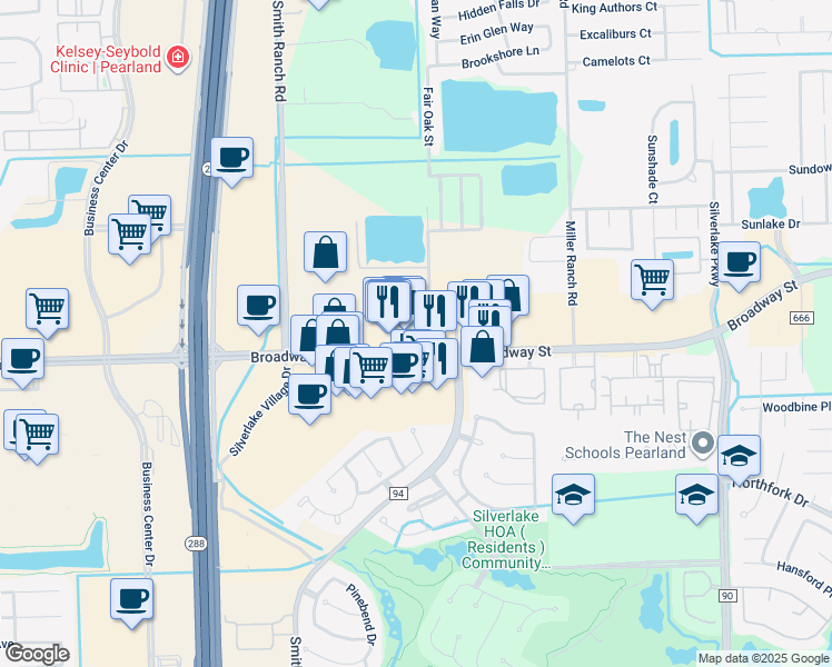 map of restaurants, bars, coffee shops, grocery stores, and more near 2927 Wooten Road in Pearland