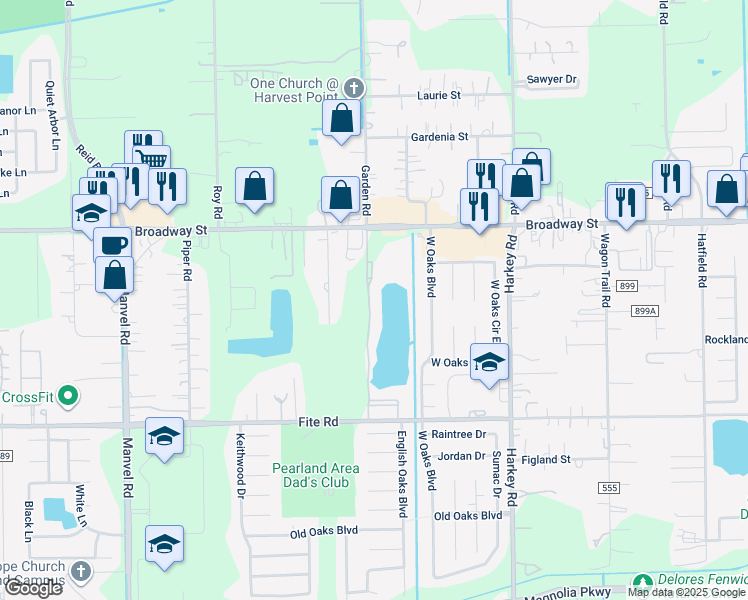 map of restaurants, bars, coffee shops, grocery stores, and more near 6520 Broadway Street in Pearland