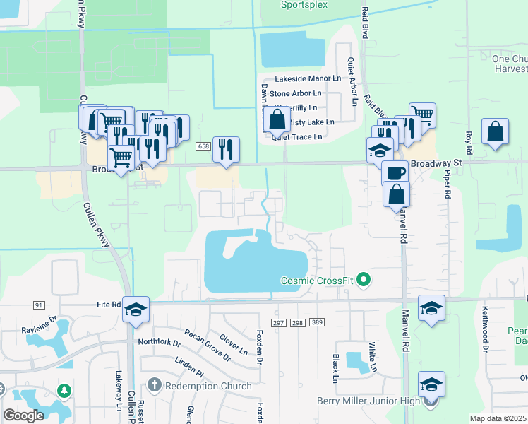 map of restaurants, bars, coffee shops, grocery stores, and more near 2850 Oak Road in Pearland