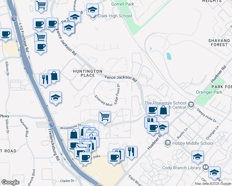 map of restaurants, bars, coffee shops, grocery stores, and more near 1915 Enero Park in San Antonio