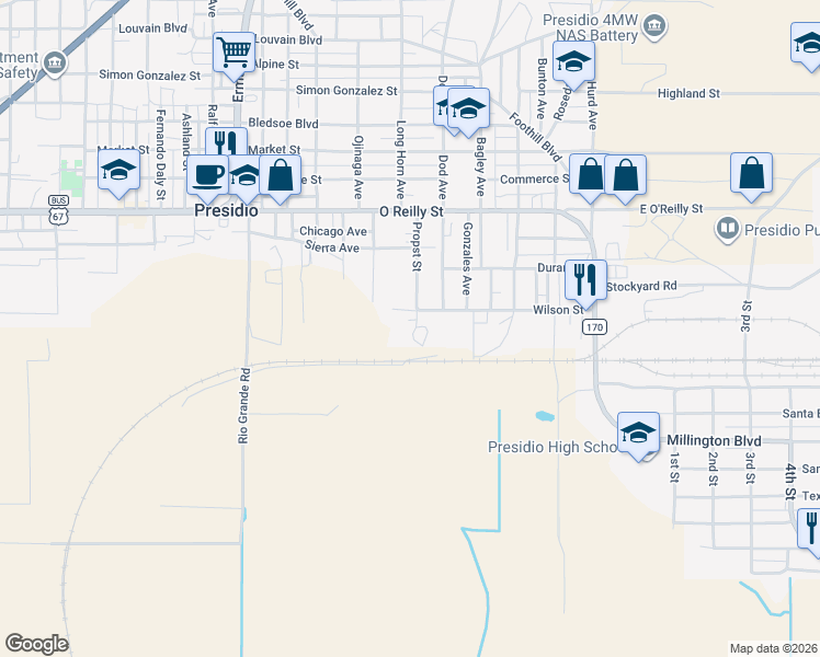 map of restaurants, bars, coffee shops, grocery stores, and more near Wilson Street in Presidio