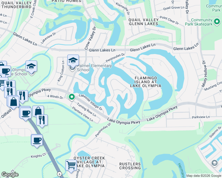 map of restaurants, bars, coffee shops, grocery stores, and more near 27 Palm Boulevard in Missouri City