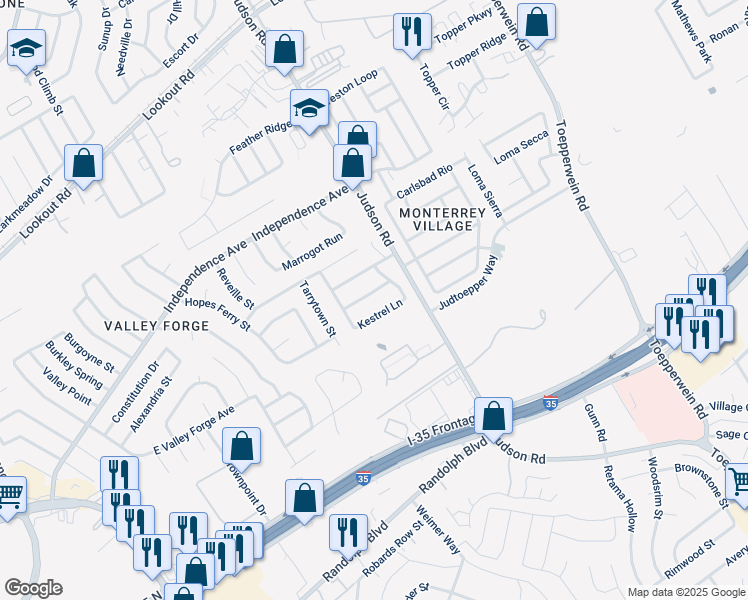 map of restaurants, bars, coffee shops, grocery stores, and more near 6419 Kestrel Lane in San Antonio