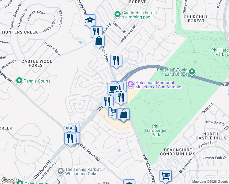 map of restaurants, bars, coffee shops, grocery stores, and more near Wurzbach Parkway in San Antonio