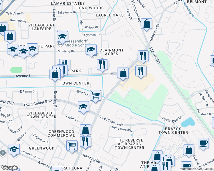 map of restaurants, bars, coffee shops, grocery stores, and more near 5820 Avenue I in Rosenberg