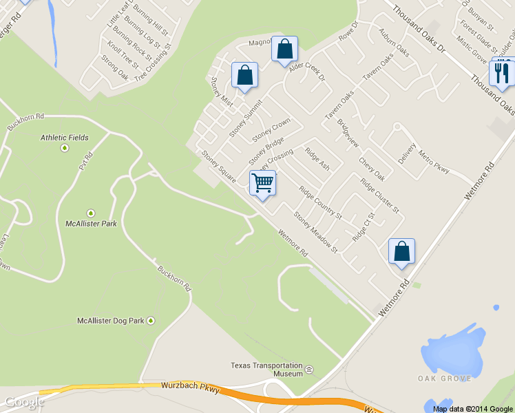 map of restaurants, bars, coffee shops, grocery stores, and more near 3430 Stoney Dawn in San Antonio