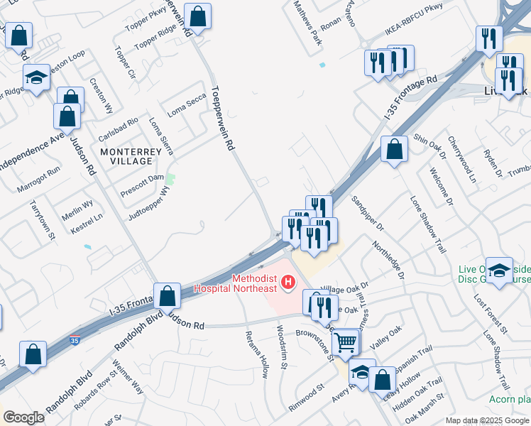 map of restaurants, bars, coffee shops, grocery stores, and more near 13571 Toepperwein Road in Live Oak